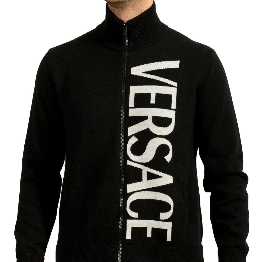 Versace Men's Wool Knitted Logo Print Full Zip Cardigan Sweater US XL IT 54